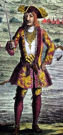 Bartholomew Roberts (close-up of larger
                      picture) from GHP (Source: Wikimedia Commons
https://commons.wikimedia.org/wiki/File:General_History_of_the_Robberies_and_Murders_of_the_Most_Notorious_Pyrates_-_Captain_Bartholomew_Roberts_with_two_Ships.jpg)