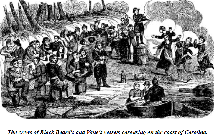 Blackbeard and Charles Vane's party at
                        Ocracoke (Source:
https://www.gutenberg.org/cache/epub/12216/pg12216-images.html#THE_LIFE_ATROCITIES_AND_BLOODY_DEATH_OF_BLACK_BEARD)