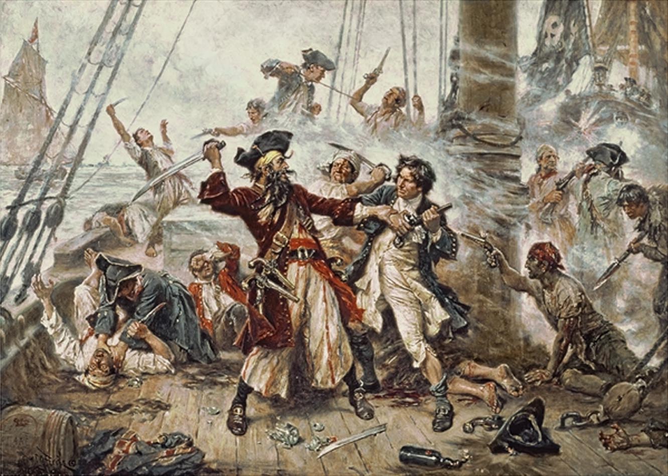 Capture of
                        the Pirate, Blackbeard by Jean Leon Gerome
                        Ferris, 1920 (Source:
                        https://commons.wikimedia.org/wiki/File:Capture-of-Blackbeard.jpg)