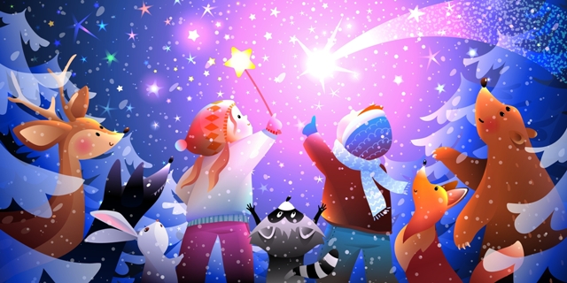 Magical winter forest scene with
                            animals and children watching shooting stars
                            in sky. Artwork: Marina Popmarleo (Source:
https://www.shutterstock.com/image-vector/magical-winter-forest-scene-animals-children-2229661737)