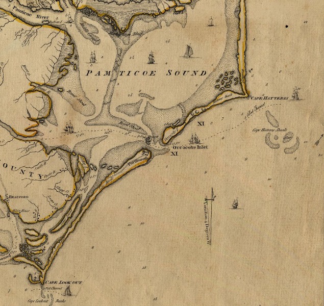 Ocracoke Inlet, 1775 (Source:
https://commons.wikimedia.org/wiki/File:Ocracoke_inlet_north_carolina_1775.jpg)