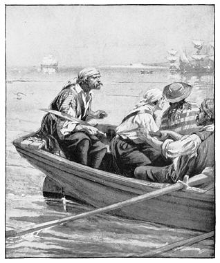Pirates in rowboat,
                  artist unknown (Source: Dover Pirates)