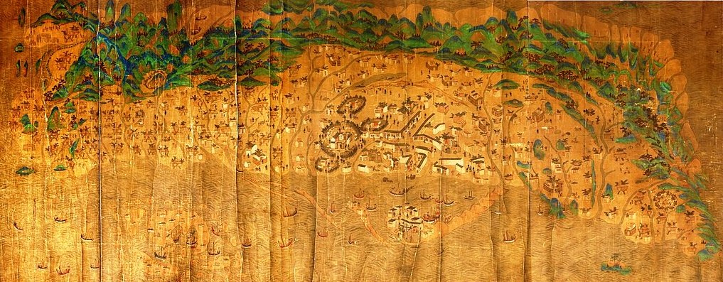 Scroll painting of Taiwan during
                                  Kangxi era, 1684-1722 (Source:
https://commons.wikimedia.org/wiki/File:%E8%87%BA%E7%81%A3%E5%9C%B0%E9%87%8C%E5%9C%961.jpg)