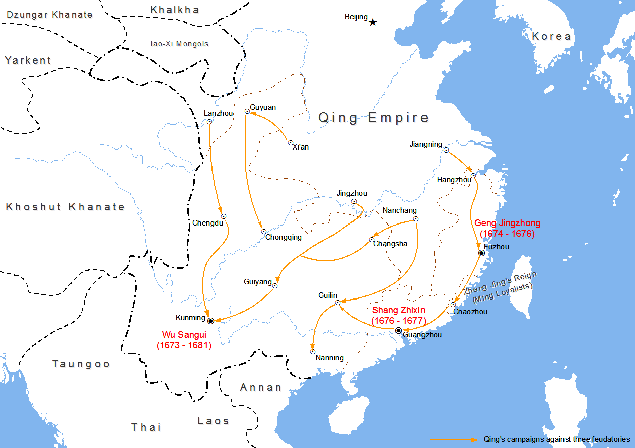 Map
                                  showing Revolt of the Three
                                  Feudatories by SY, 2017 (Source:
                                  https://commons.wikimedia.org/wiki/File:Three_Feudatories.png)